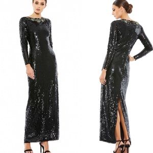 NEW Mac Duggal 93613 Beaded Neckline Long Sleeve Sequin Black Dress 6